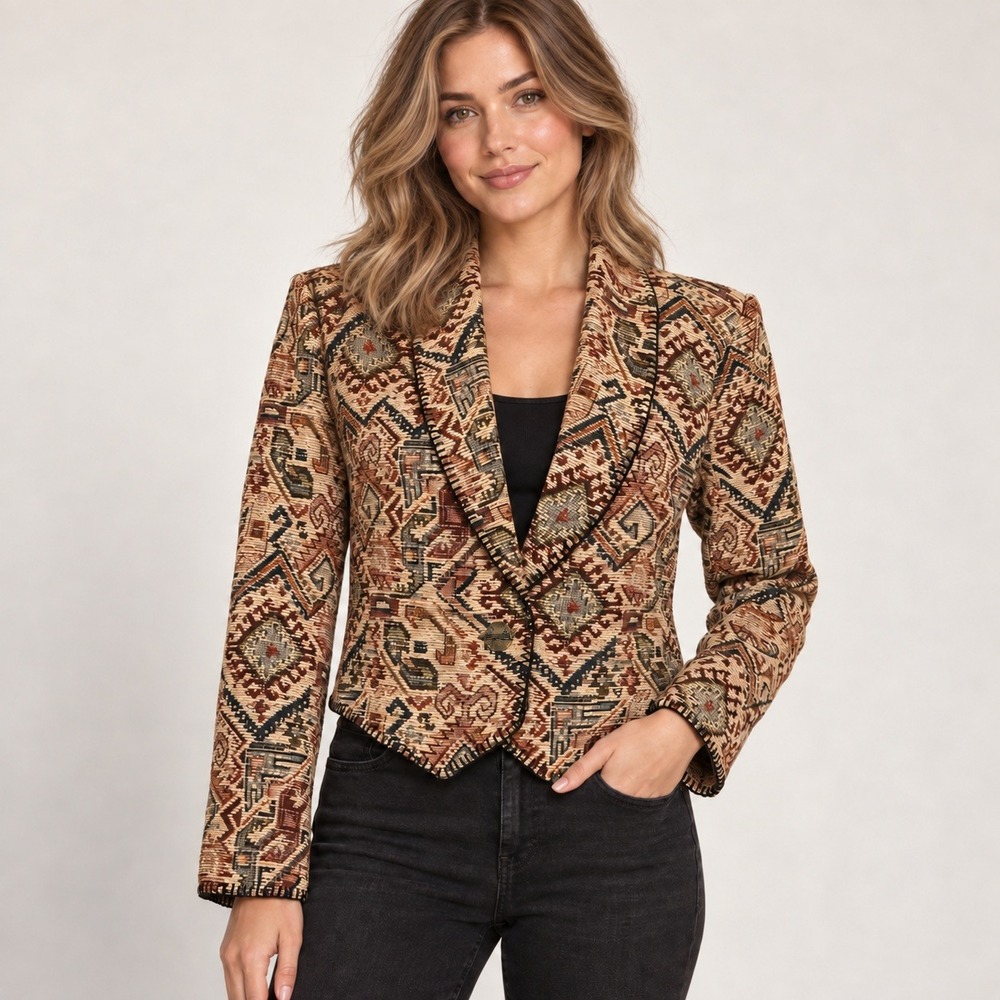 Vintage Expose Tapestry Blazer M Southwestern Cropped Woven Art to Wear Jacket